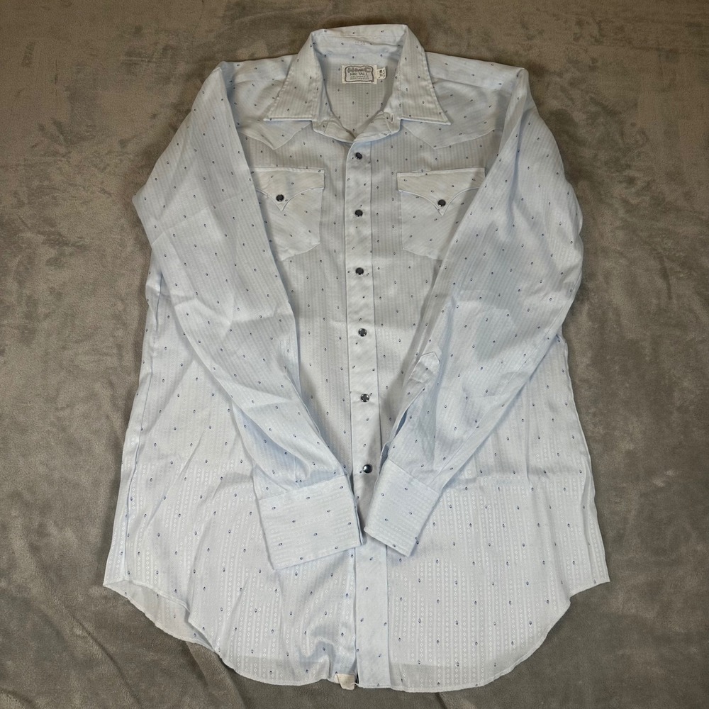 Vintage H Bar C Mr Tall Western Snap Shirt Blue Diamond Pattern 17 38 L XL Tall